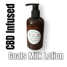 Load image into Gallery viewer, Pump bottle of CBD infused Goats Milk Lotion by Let's Splash Soap with natural moisturizing ingredients
