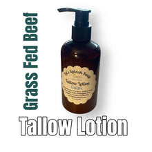 Load image into Gallery viewer, Natural Tallow Lotion in a pump bottle with grass fed beef text background