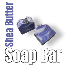 Load image into Gallery viewer, Natural shea butter soap bar with purple marbled design and dried lavender, moisturizing and eco-friendly
