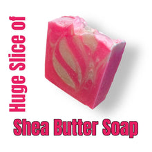 Load image into Gallery viewer, Huge slice of shea butter soap bar with pink and white swirls, natural moisturizing vegan soap