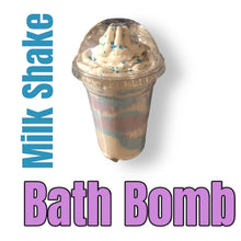 Load image into Gallery viewer, Milk Shake Bath Bomb in clear plastic cup with whipped topping and blue sprinkles, eco-friendly and organic bath product