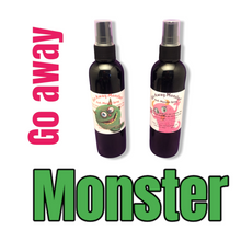 Load image into Gallery viewer, Two bottles of handmade Monster Go Away Spray with monster labels and bold text on white background