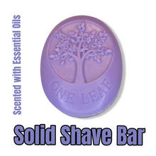 Load image into Gallery viewer, Purple solid shaving bar with tree logo embossed, scented with essential oils, eco-friendly and natural ingredients.