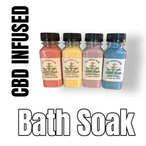 CBD infused bath soak bottles in various colors for relaxing and pain relief bath treatment