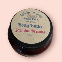 Load image into Gallery viewer, Rich n Thick Body Butter Jasmine Dreams jar with non-greasy natural moisturizer label
