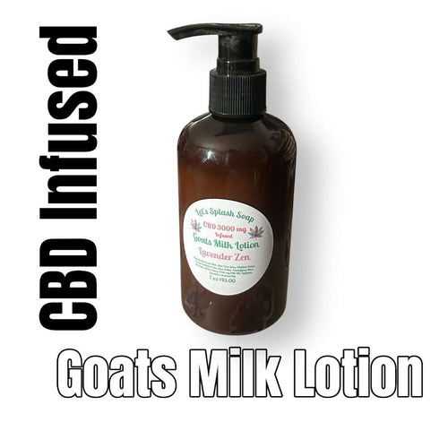 Pump bottle of CBD infused Goats Milk Lotion by Let's Splash Soap with natural moisturizing ingredients