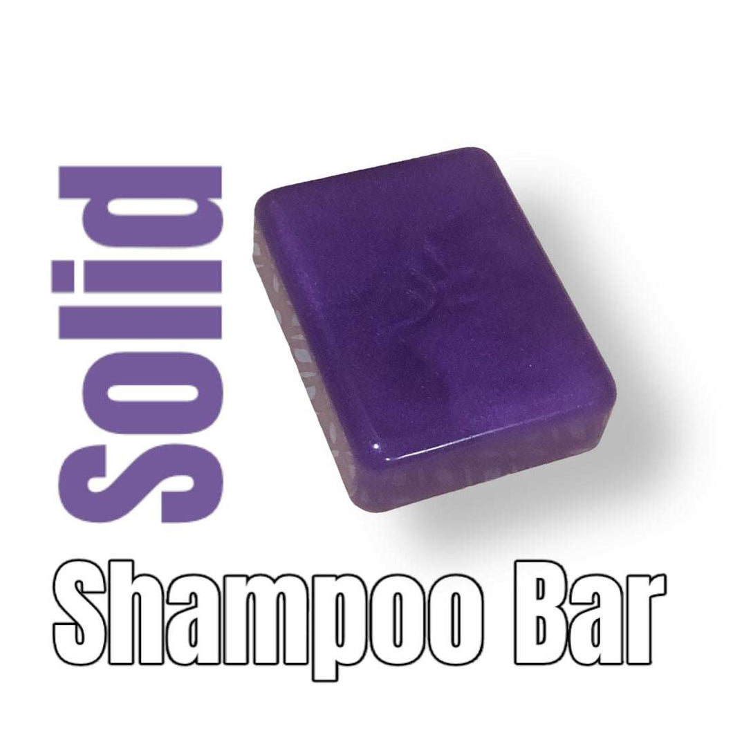 Purple eco-friendly solid shampoo bar with text 