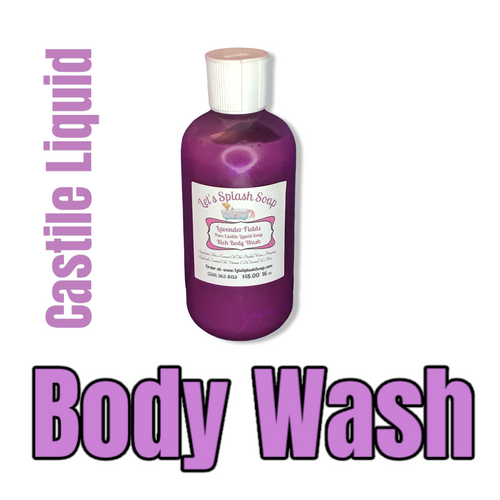 Purple bottle of Pure Castile Liquid Body Wash by Let's Splash Soap with lavender scent and white cap