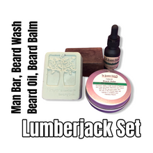 Load image into Gallery viewer, Lumberjack Set INCLUDES: Man Bar, Beard Wash Bar, Beard Oil and Beard Balm choose your favorite gent scent
